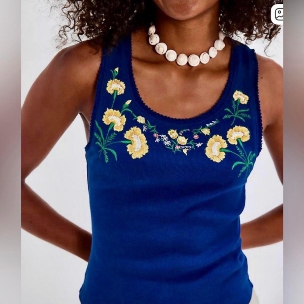 We The Free Free People Navy Blue Floral Embroidered Ribbed Tank Top S